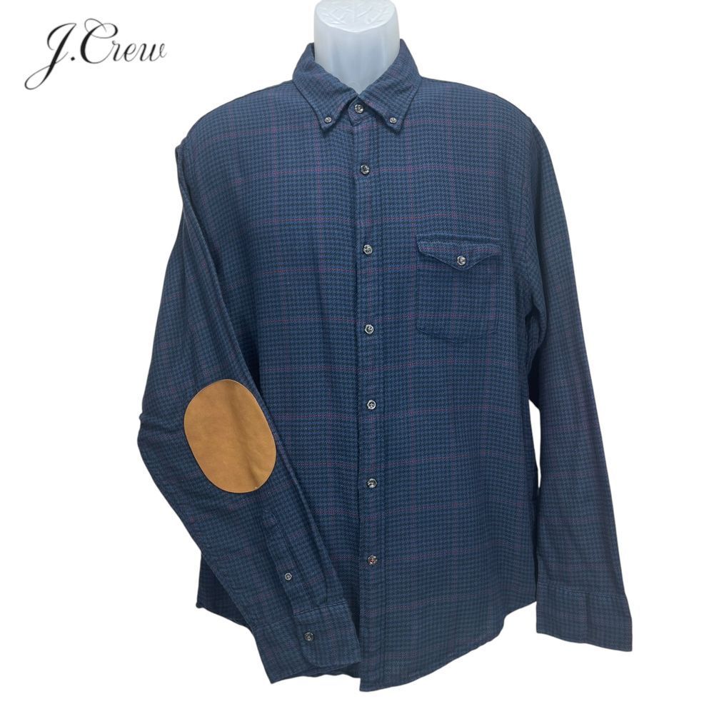 J.Crew‎ Men's XL Slim Blue Houndstooth Check Flannel L/S Shirt w/ Elbow Patch